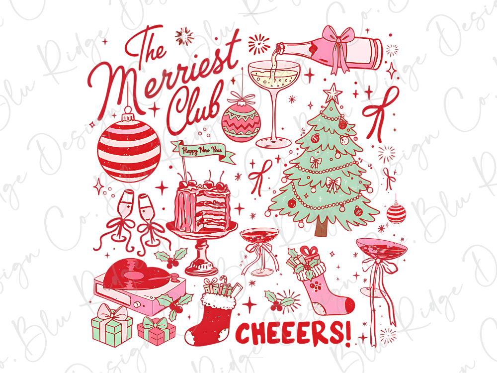 The image is a festive collage featuring various Christmas-themed items such as a bottle, wine glass, Christmas tree, presents, and a cake. The collage includes the text "The Merriest Club" and "Cheers!" along with other decorative elements like stars, snowflakes, and bows.