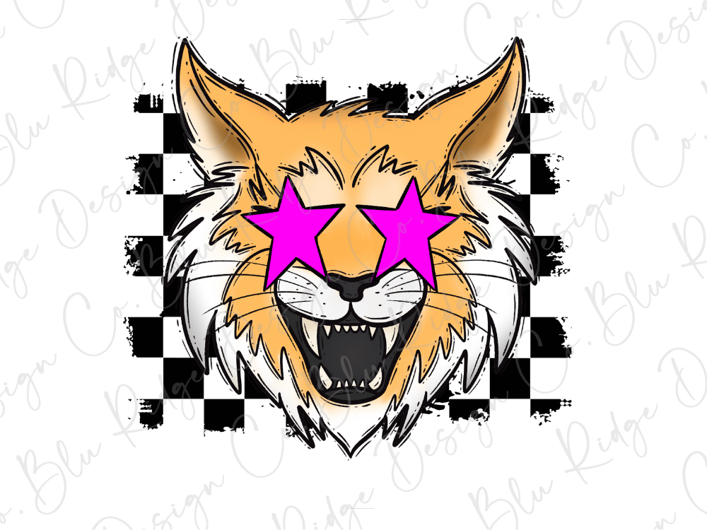 A cartoon-style illustration of a cat with large, pink star-shaped eyes and a wide, open mouth, set against a black and white checkered background.
