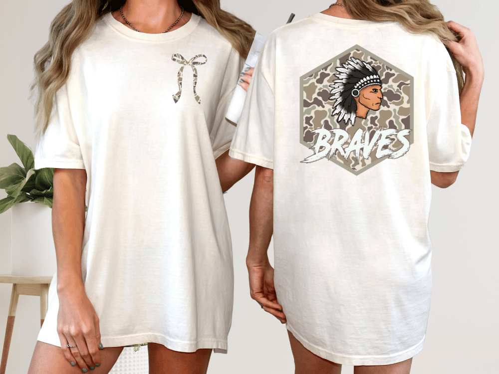 two different views of a white t-shirt with a graphic design on the back. The design features a Native American headdress and the word "Braves" written below it.