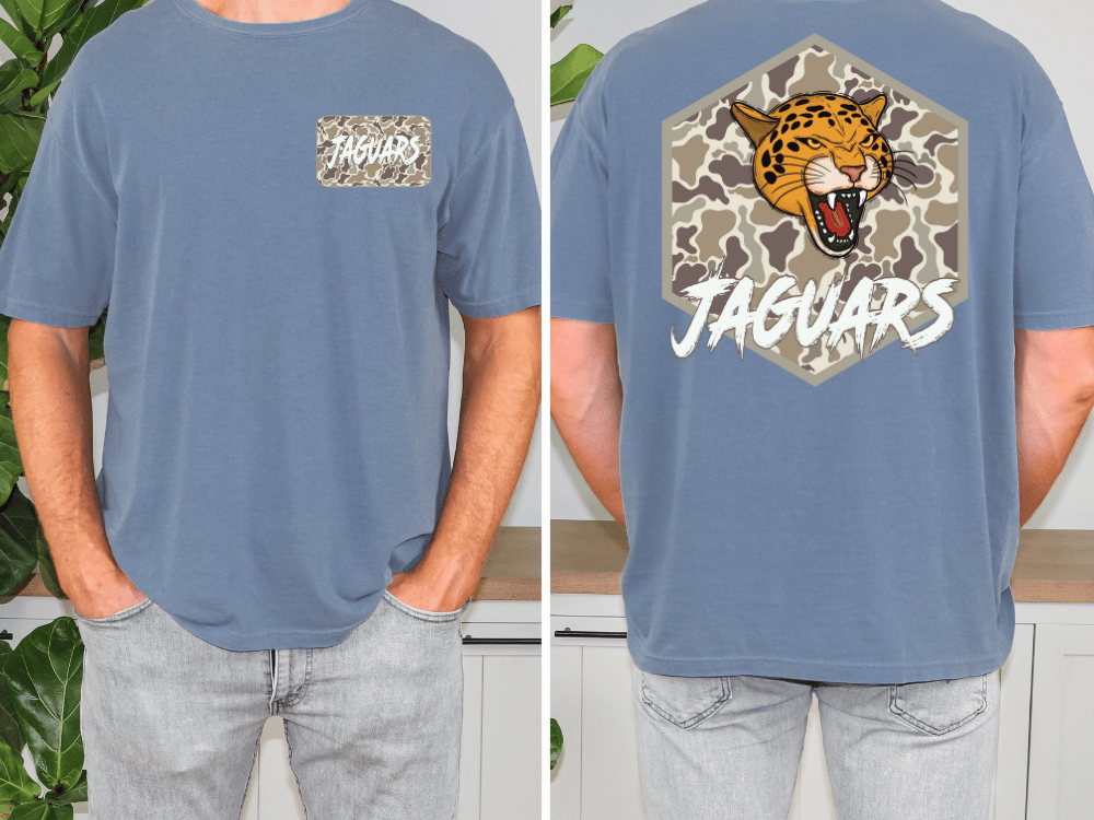 a man wearing a blue t-shirt with a graphic of a jaguar on the back.