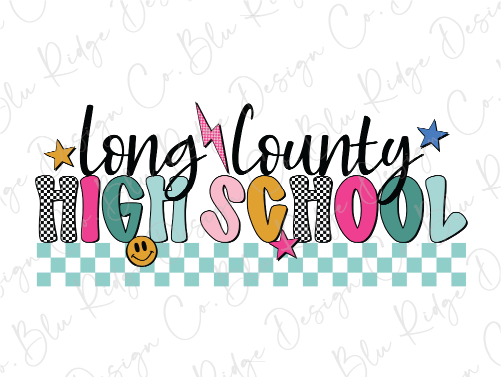 a colorful and playful design with the text "Long County High School" written in a stylized font.
