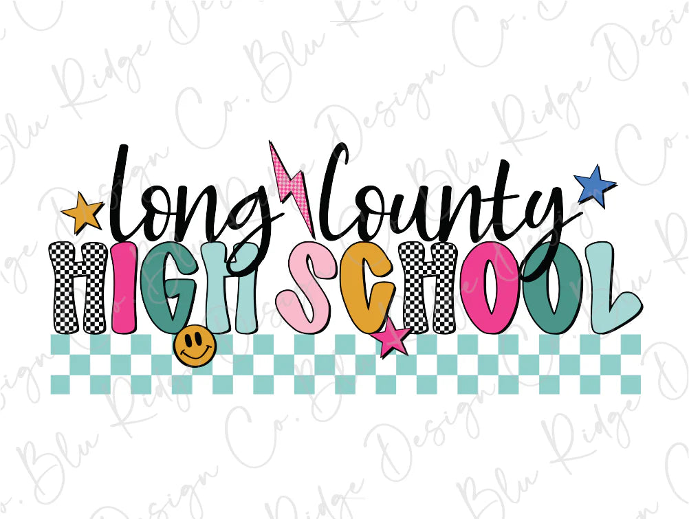 Checkered Retro Long County Schools Graphic T-Shirt