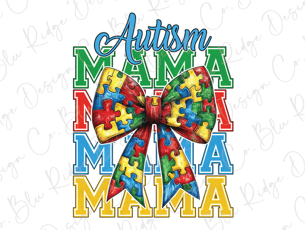 a colorful autism mama puzzle bow on a white background