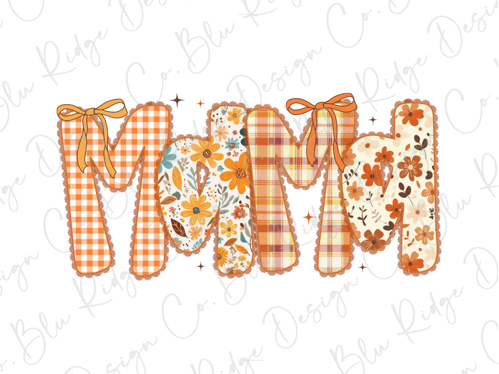 a creative and colorful arrangement of fabric shapes, forming the word "Momma" with decorative bows and floral patterns.