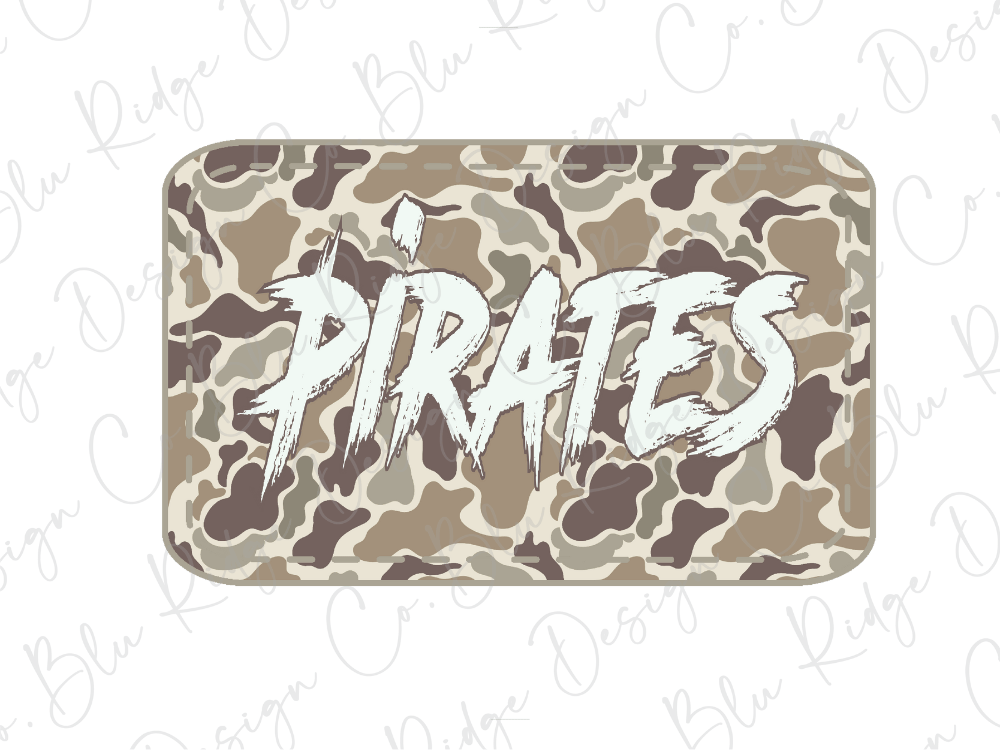 A camouflage-patterned rectangular object with the word "PIRATES" written in a stylized, graffiti-like font.