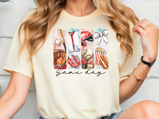 a woman wearing a t - shirt that says game day