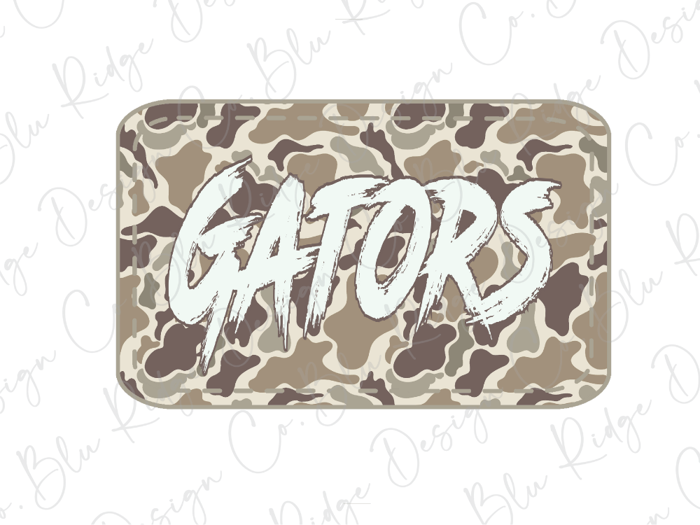 A camouflage-patterned sticker or decal with the word "GATORS" written in a bold, stylized font.