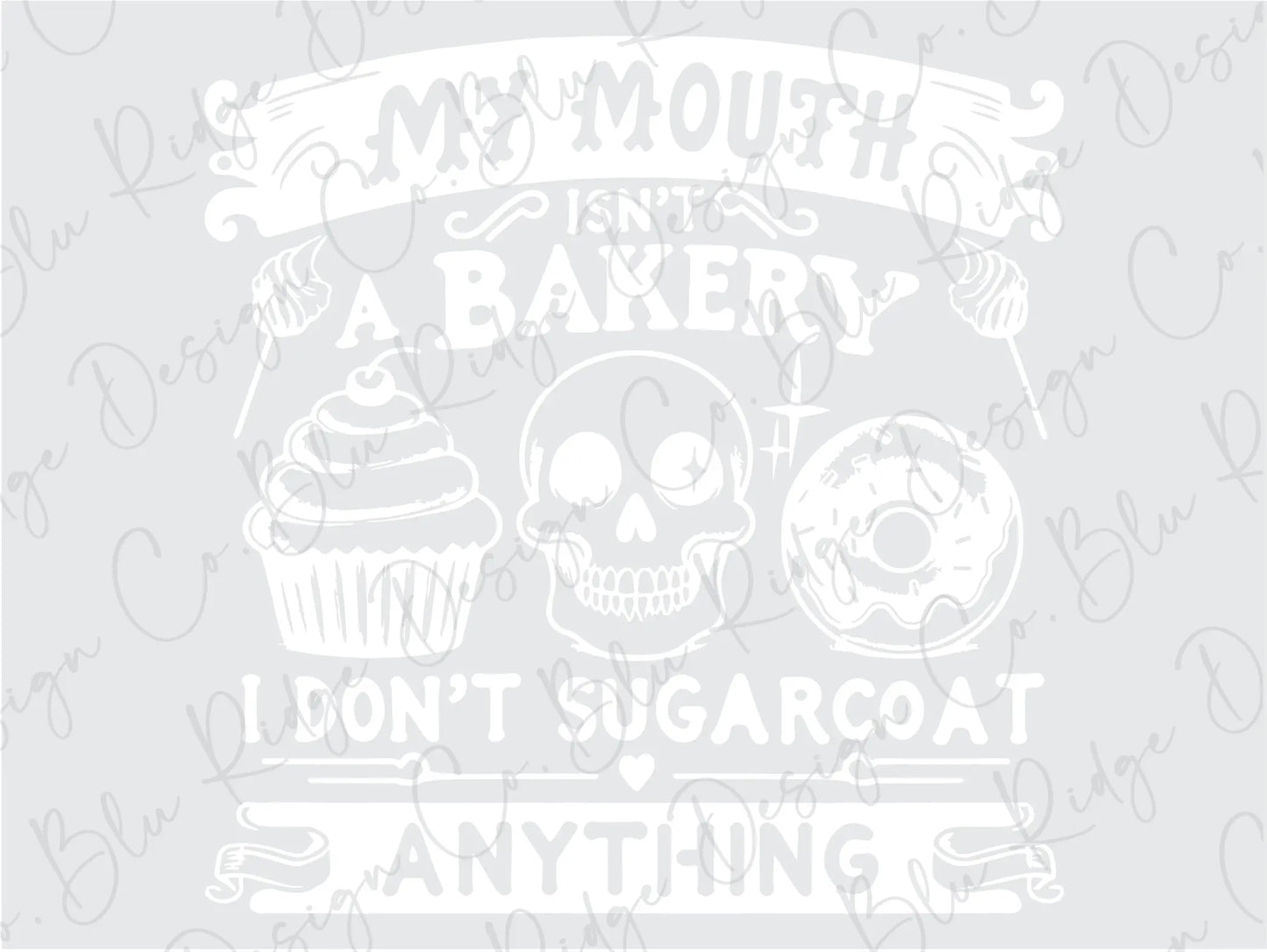 a white sign with a skull and a cupcake on it