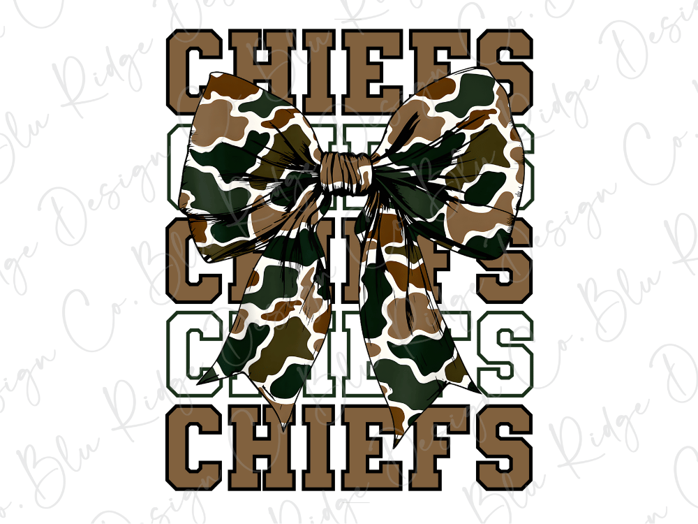 A camouflage bow with the text "CHIEFS" written in a stylized font, surrounded by the word "CHIEFS" in a larger font size.