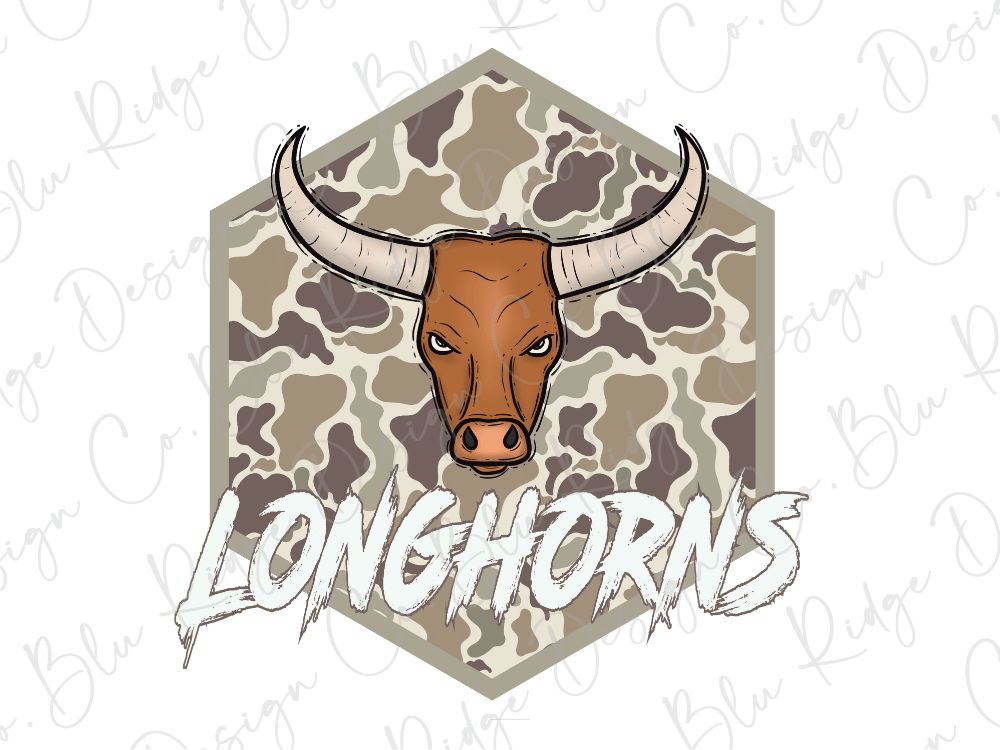a bull's head with large horns, set against a camouflage pattern. The word "LONGHORNS" is prominently displayed below the bull's head.