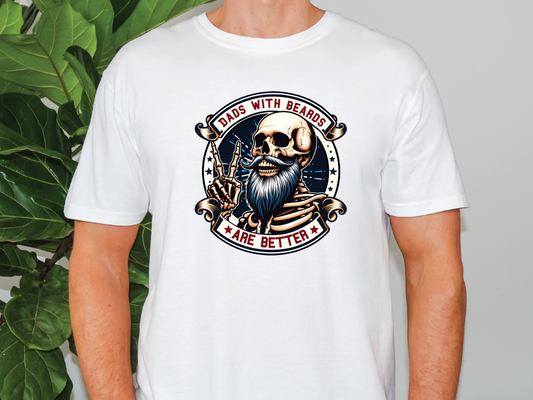 a man wearing a white t - shirt with a skull on it