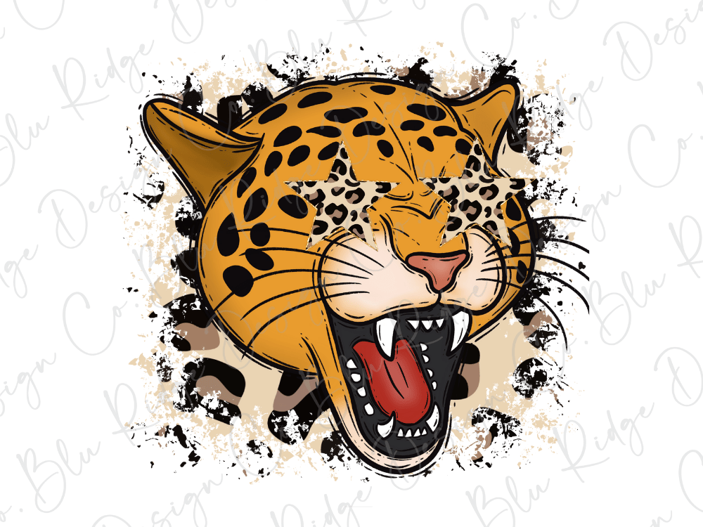 A stylized illustration of a leopard's face with its mouth open, surrounded by splatter-like effects and a patterned background.