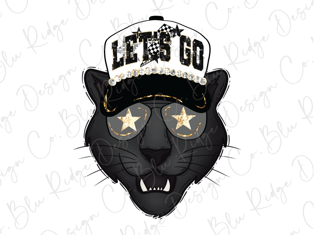 A stylized illustration of a black cat wearing a hat with the text "LET'S GO" and two star-shaped eye patches.
