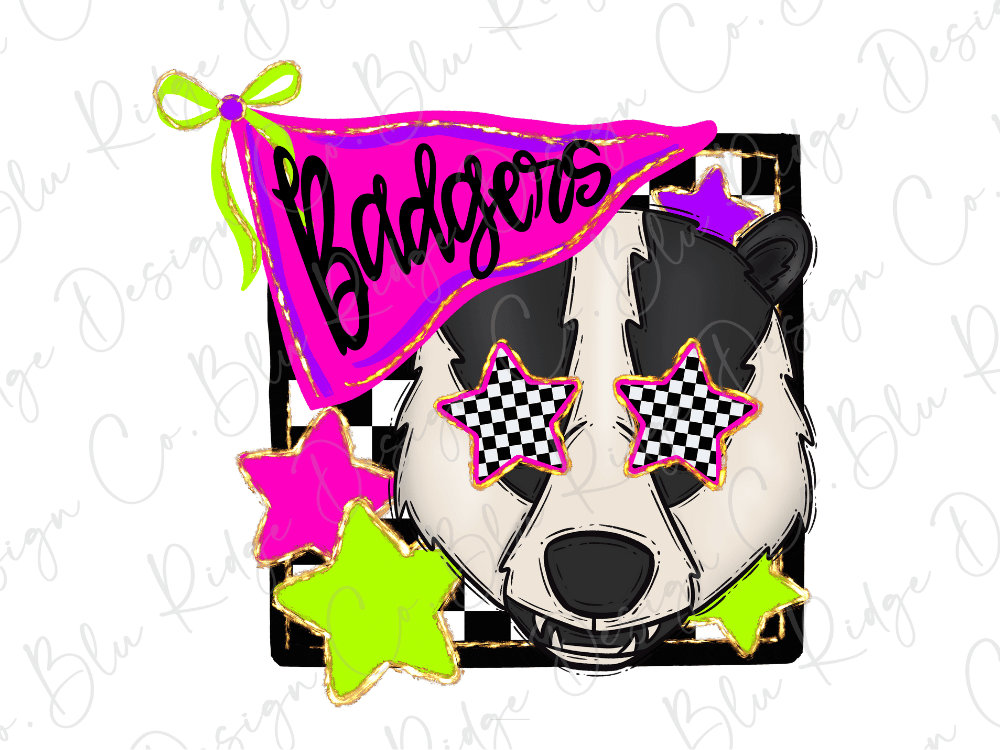A cartoon image of a badger wearing a pink and green badger hat with the word "Badgers" written on it, surrounded by colorful stars and checkered patterns.