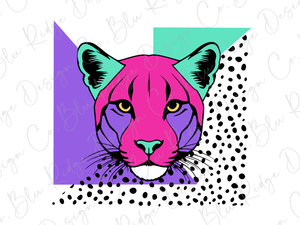 A colorful illustration of a cat's face with large eyes and a pink nose, set against a background of geometric shapes in various colors including purple, green, and teal.