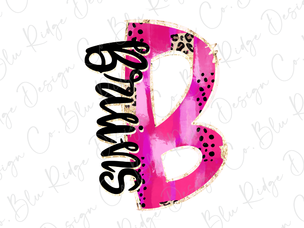 A pink and black stylized letter "B" with a leopard print pattern.