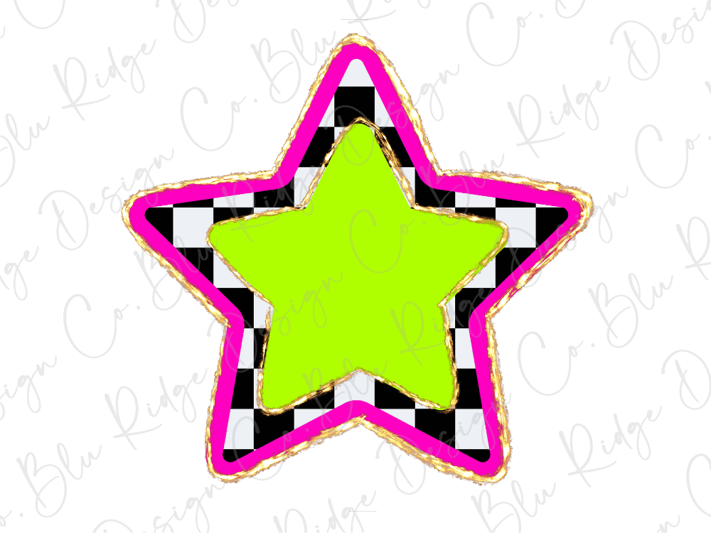 A bright green star with a black and white checkered pattern around it, set against a white background with cursive text.
