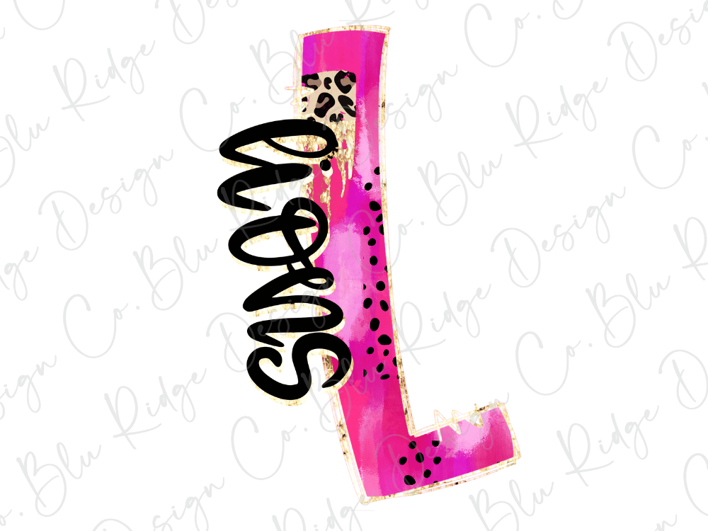 A pink and black stylized letter 'L' with a leopard print design.
