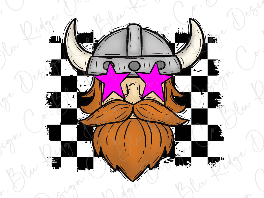 A cartoon illustration of a bearded man wearing a helmet with horns and pink star-shaped glasses, set against a black and white checkered background.