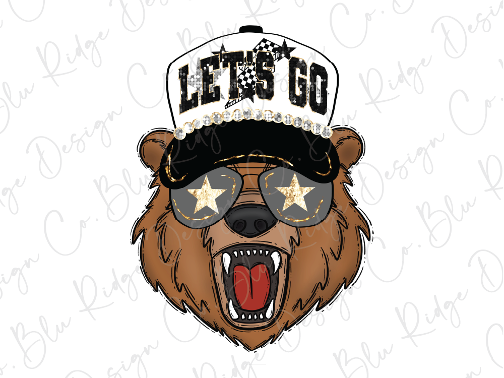 A cartoon image of a bear wearing sunglasses and a hat with the text "LET'S GO" on it.