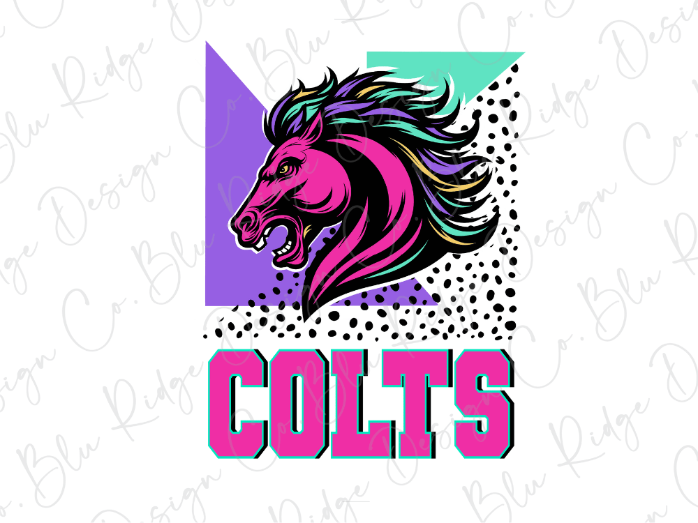 A stylized logo featuring a pink and purple horse with a multicolored mane, accompanied by the word "COLTS" in bold pink letters.