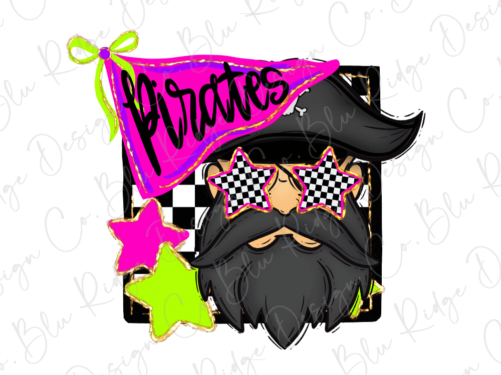 a pirate-themed design with a pirate flag, a pirate's hat, and a pirate's face with checkered glasses and a beard.