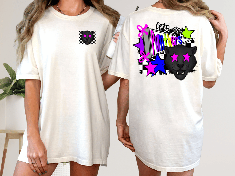 two different views of a white t-shirt with a graphic design on the back. The design features a black panther with pink eyes, surrounded by colorful stars and other abstract shapes.