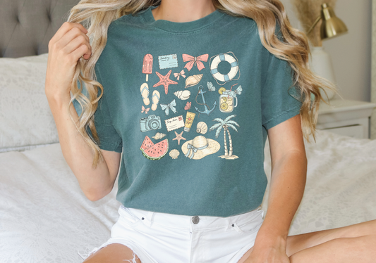 a woman sitting on top of a bed wearing a green shirt