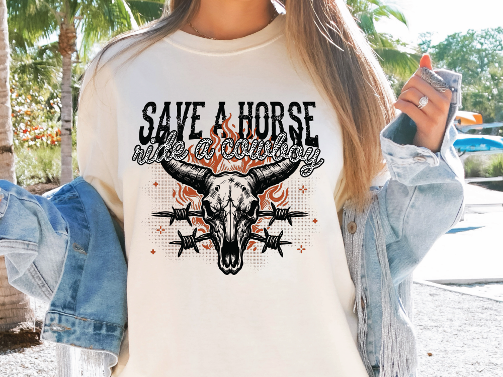 a woman wearing a t - shirt that says save a horse