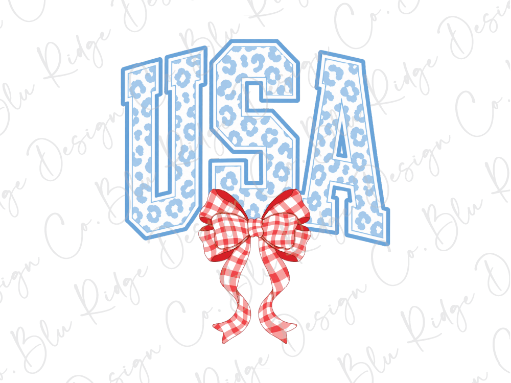 the word "USA" with a red and white checkered bow below it.