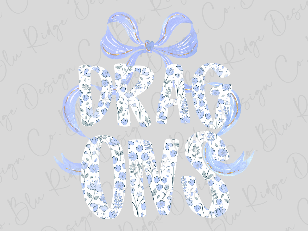 the word "DRAGONS" written in a stylized, floral-patterned font, with a blue ribbon-like design above the letters.