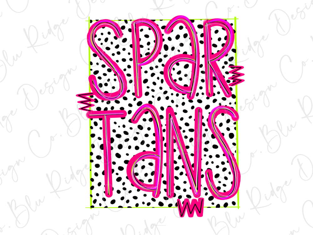 a bold and vibrant design with the text "SPARTANS" prominently displayed in a playful, neon pink font against a background of black and white polka dots.
