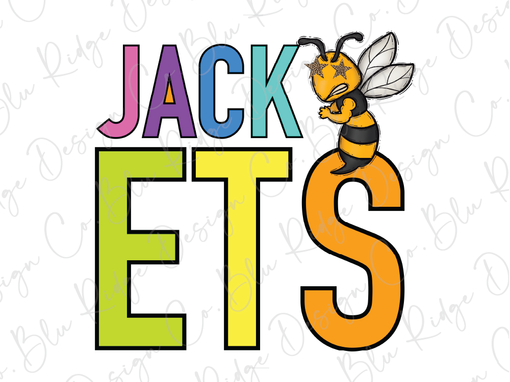 a colorful and playful design with the text "JACK ET'S" and a cartoon bee character.