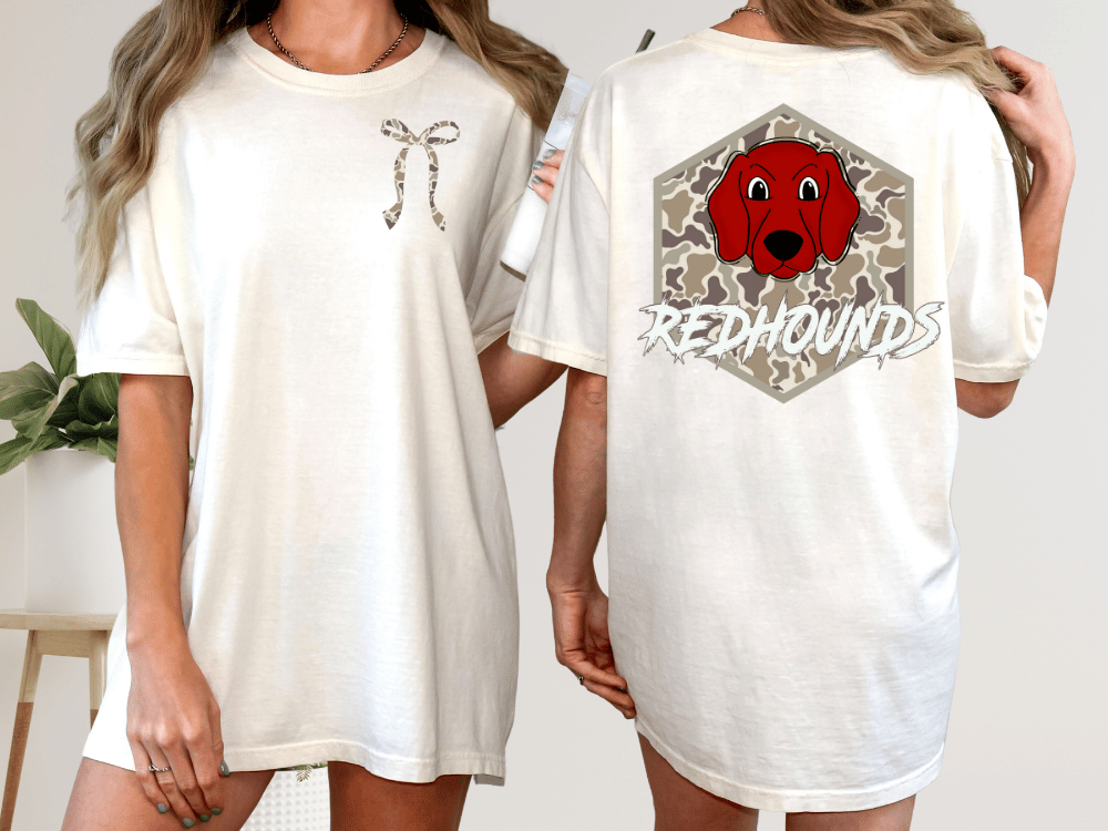 two different views of a white t-shirt with a graphic design on the back. The design features a red dog with a bow on its neck and the text "REDHOUNDS" written below the dog's head.