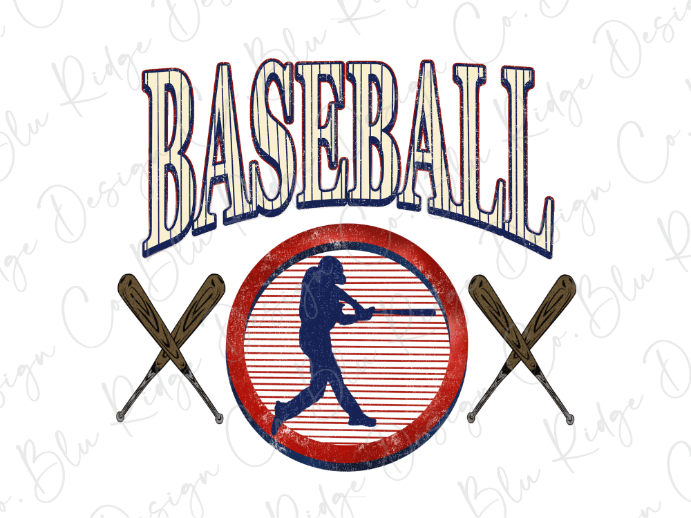 a baseball-themed design with the word "BASEBALL" prominently displayed. Below the word, there is a graphic of a baseball player swinging a bat. The design also includes two crossed baseball bats, which are a common symbol associated with the sport.