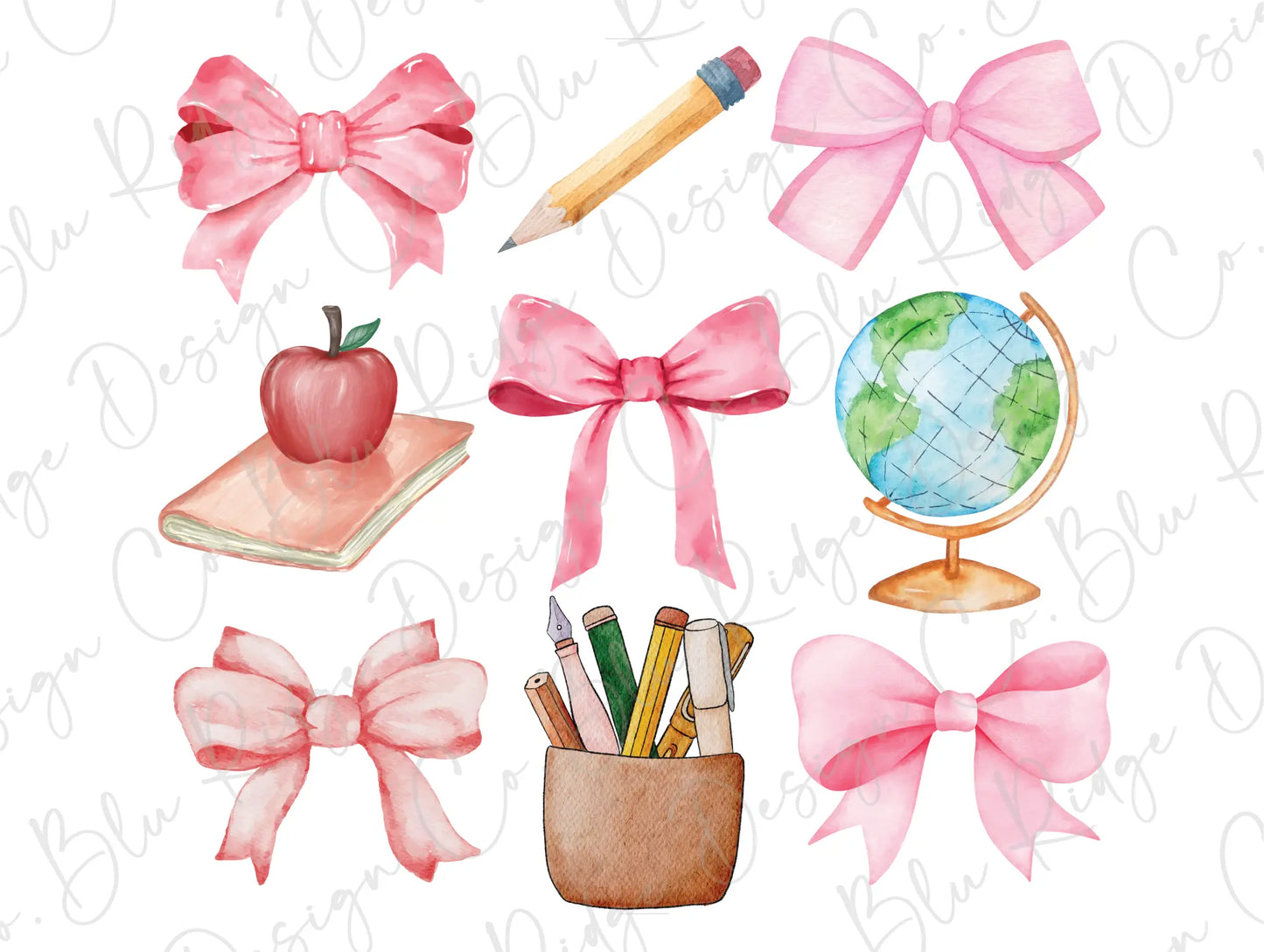 a set of watercolor bows, pencils, an apple, a globe,