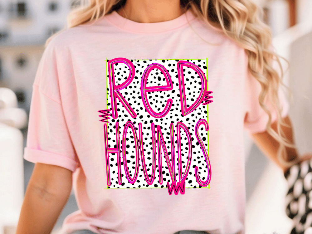 A woman wearing a pink t-shirt with the text "RED HOUNDS" printed on it.