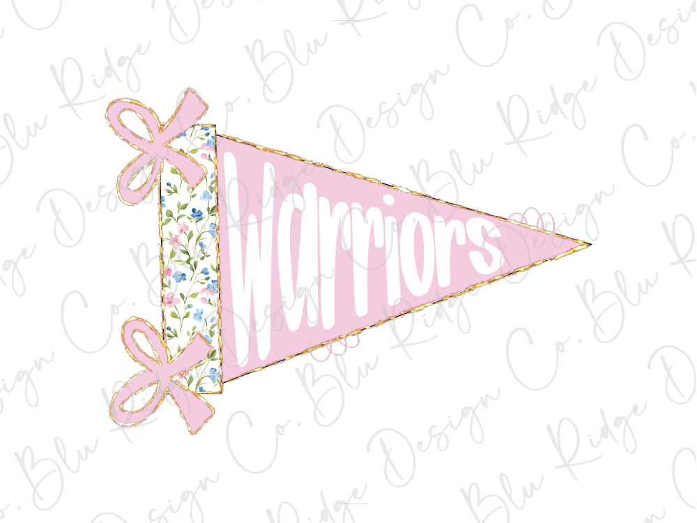 A pink triangular flag with the word "Warriors" written on it, along with two pink bows.