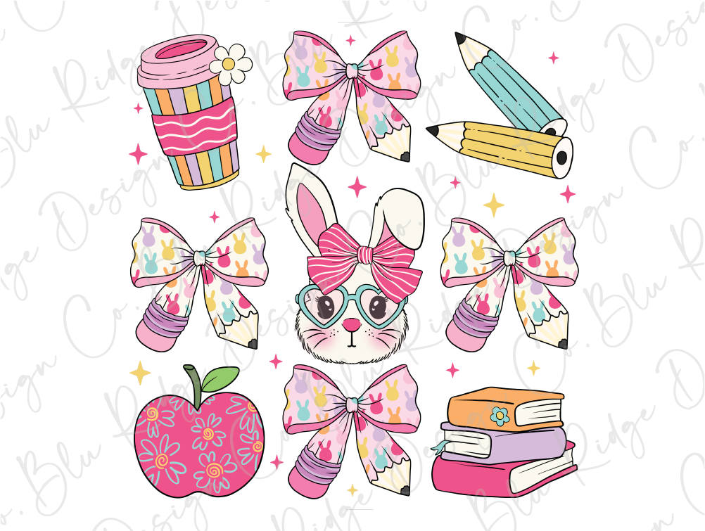 a drawing of a bunny with a bow, books, pencils and an apple