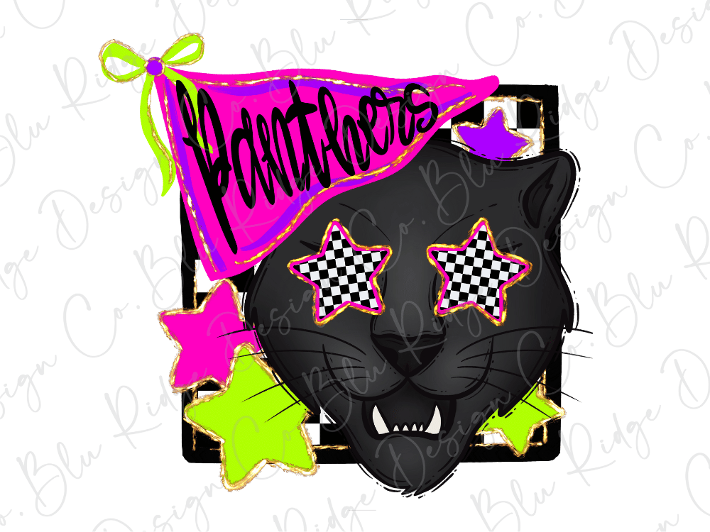 A black cat with checkerboard eyes and a pink and green flag with the word "Panthers" written on it, surrounded by colorful stars.