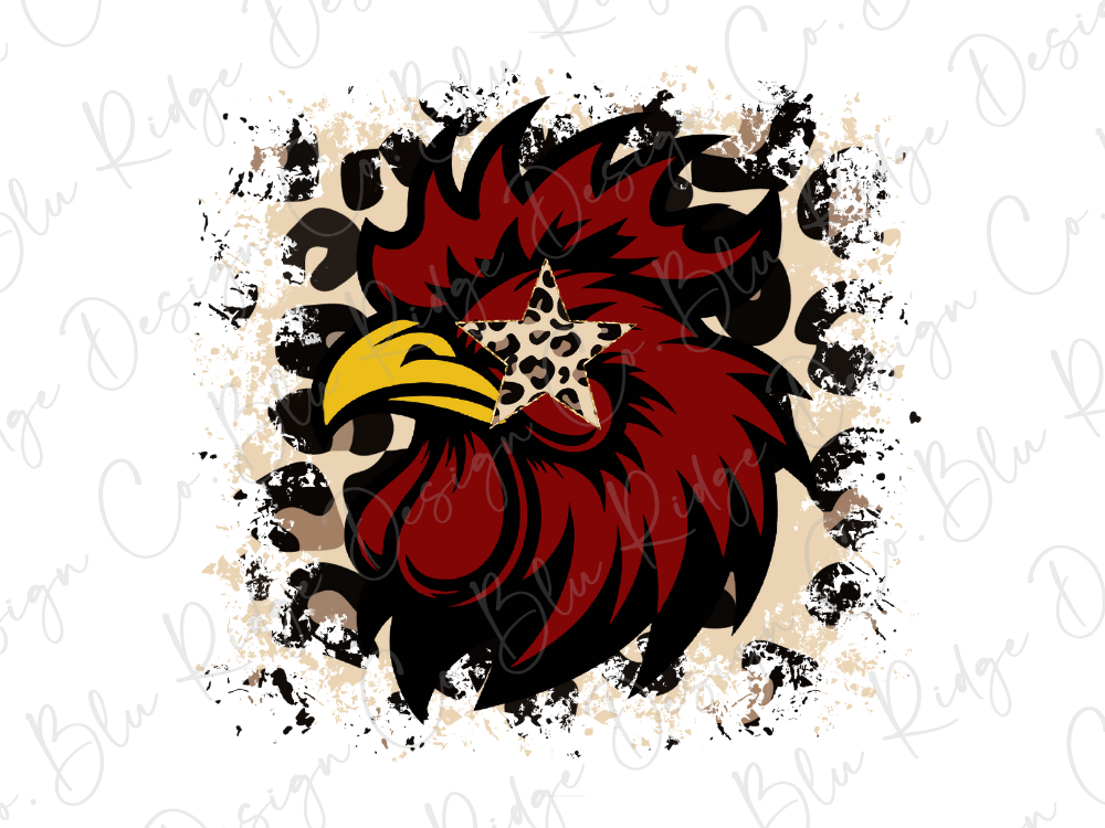 A stylized rooster with a bold, graphic design featuring a mix of red, black, and leopard print elements.