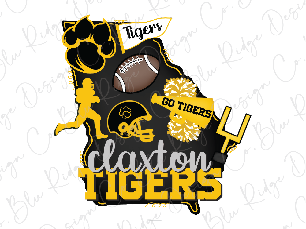 The image is a collage of various sports-related elements, including a football, a tiger paw, a cheerleader, and the text "claxon TIGERS".