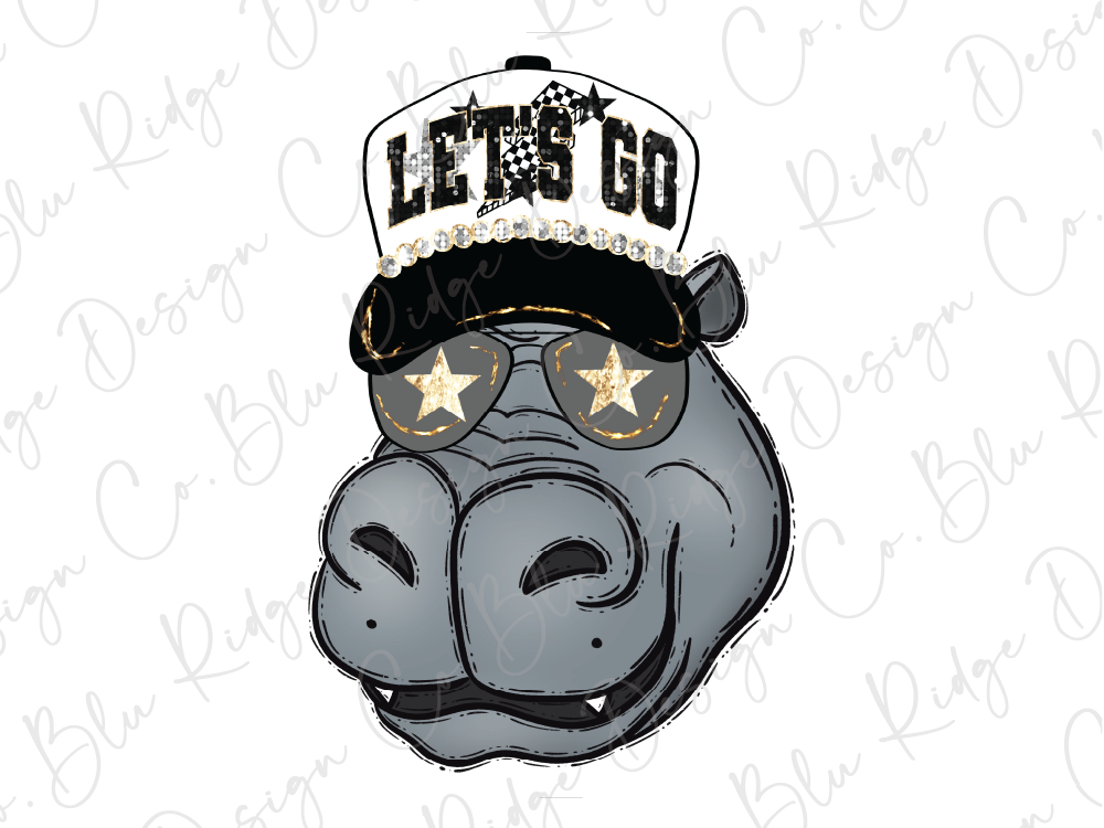 A cartoon illustration of a hippopotamus wearing a hat with the text "LET'S GO" and sunglasses.