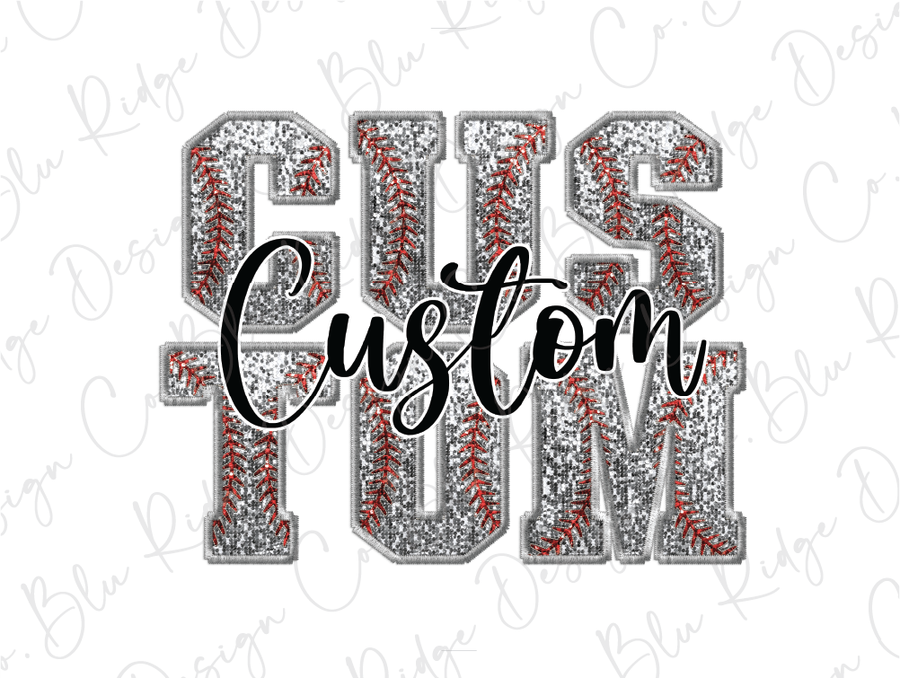 the word custom with red and silver glitter letters