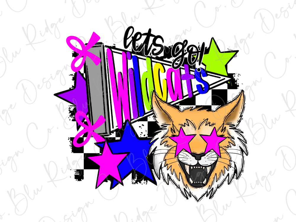 A colorful and stylized graphic design featuring a wildcat's face with large eyes and a mouth, surrounded by various shapes and patterns in shades of pink, blue, green, and black.