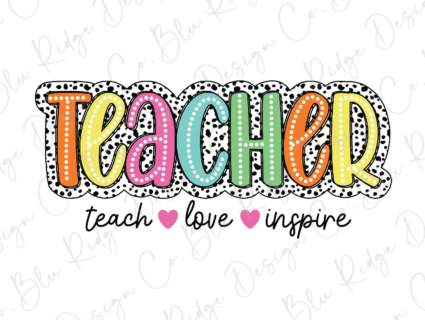 the word teacher with polka dots and hearts on a white background