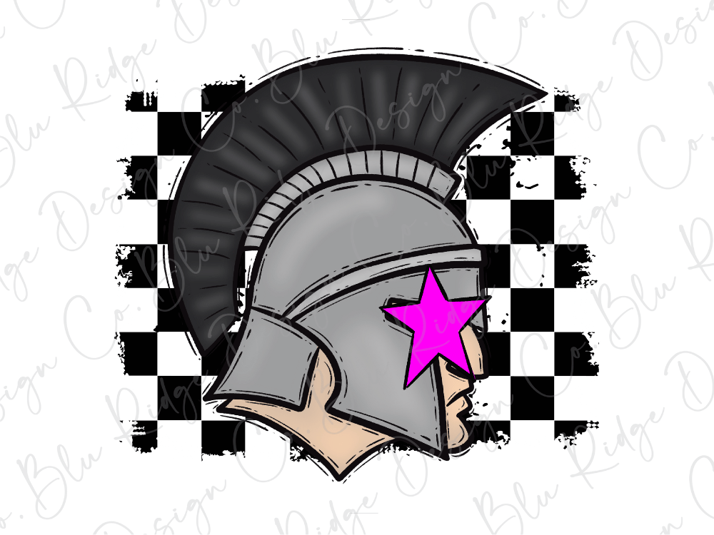 A stylized illustration of a helmet with a pink star on the front, set against a background of black and white checkered patterns.