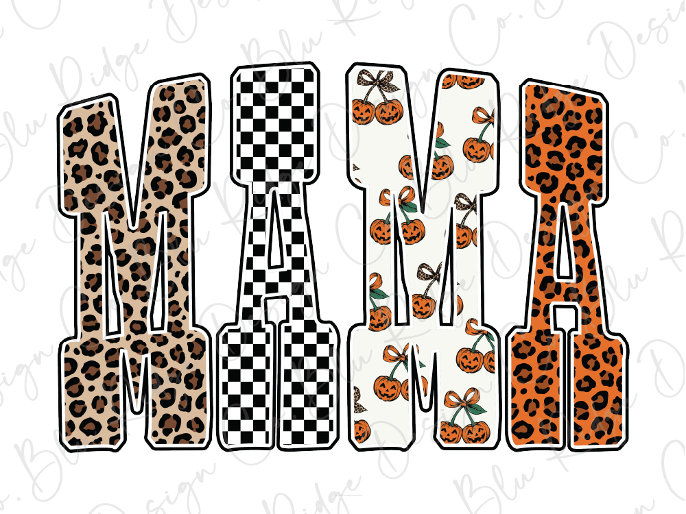 the word "MAMA" with each letter made up of a different pattern, such as leopard print, checkered, and pumpkin.