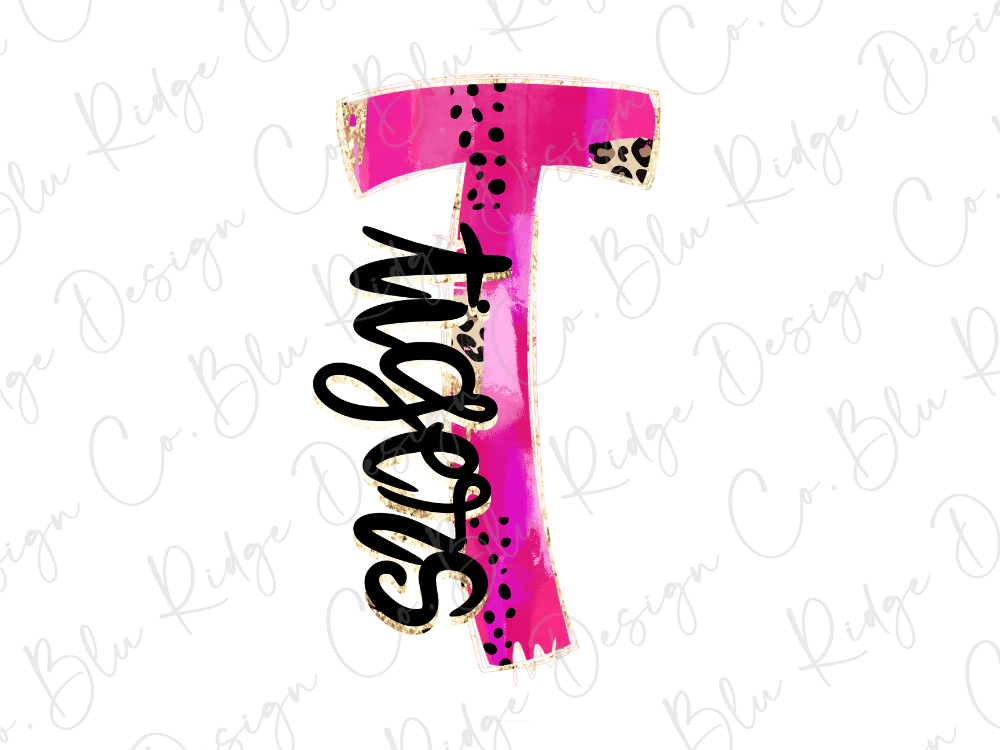 A pink stylized letter 'T' with black text and decorative elements, such as polka dots and leopard print accents.