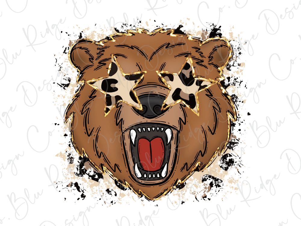 A stylized illustration of a bear with a fierce expression, wearing animal-like eyes and surrounded by splattered paint or ink.